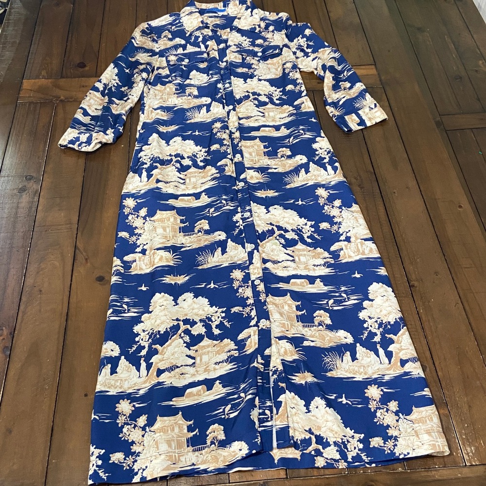 J.McLaughlin Blue Cream Toile Scenic Button Front Belted Midi Shirt Dress M